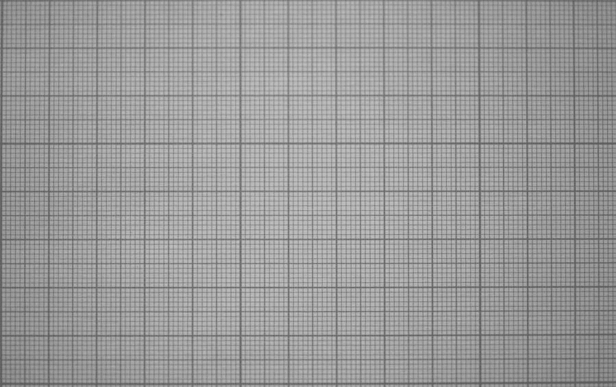 Grid of lines image at 400 mm working distance showing measured field of view of approximately 130 by 80 mm with visually negligible distortion — F-tan theta distortion under 1 percent consistent with ZEMAX model