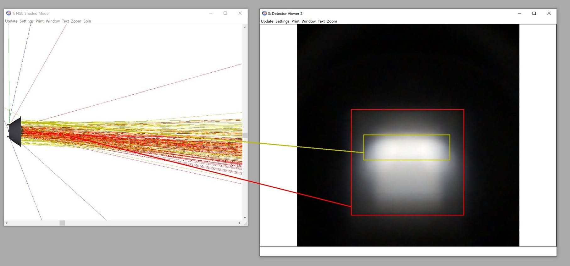 ZEMAX non-sequential ray trace showing dual-zone lens operation — outer surfaces forming bright HV line and inner surfaces producing wide LED footprint image