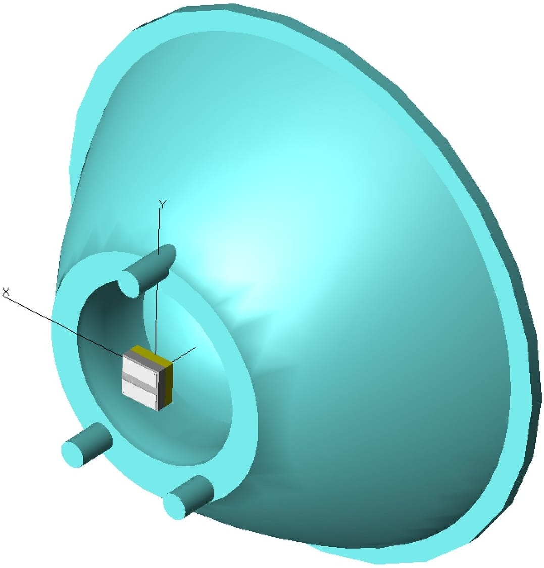 3D CAD model of the final asymmetric PMMA bicycle light lens with three PCB locating pins and LED centered in inner aperture