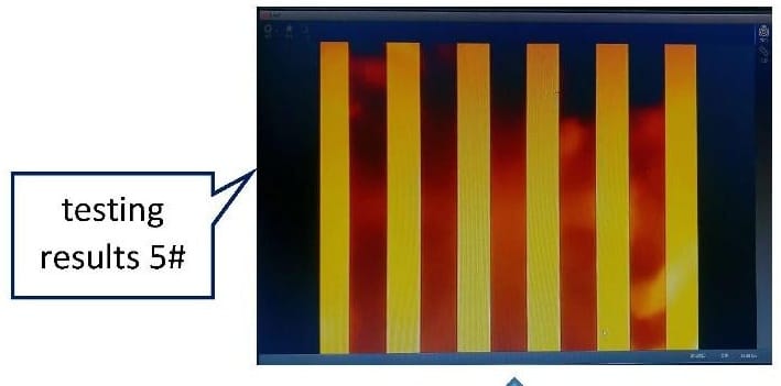 Acceptance test result showing resolved Ronchi ruling bars on monitor confirming contrast above 0.3 at 30 line pairs per mm