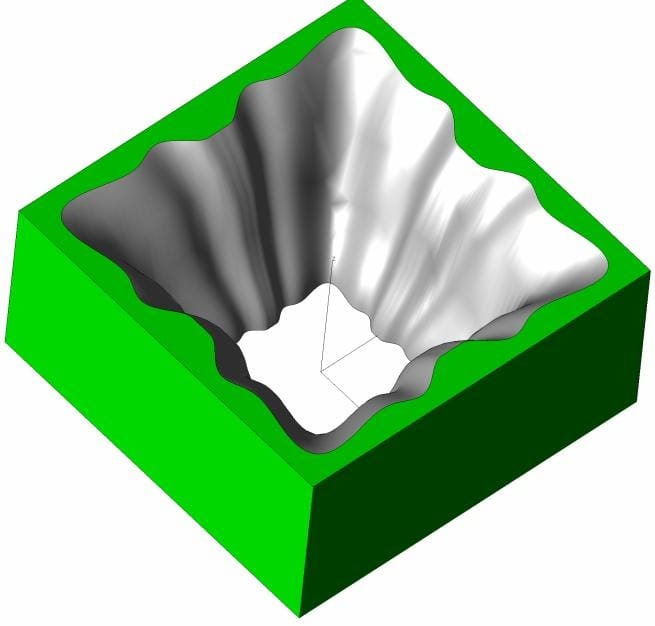 ZEMAX CAD model of the freeform mirror-coated polycarbonate reflector showing scalloped multi-lobe inner surface profile for rectangular beam shaping from a round LED source
