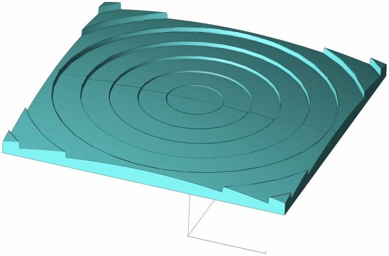 ZEMAX CAD model of the square 70 mm Fresnel lens in Makrolon LED 5102 polycarbonate showing concentric Fresnel zones and alignment tabs