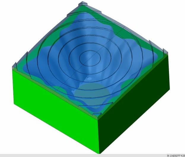 ZEMAX assembly model showing the square Fresnel lens seated on the freeform reflector body with translucent blue lens over green reflector housing