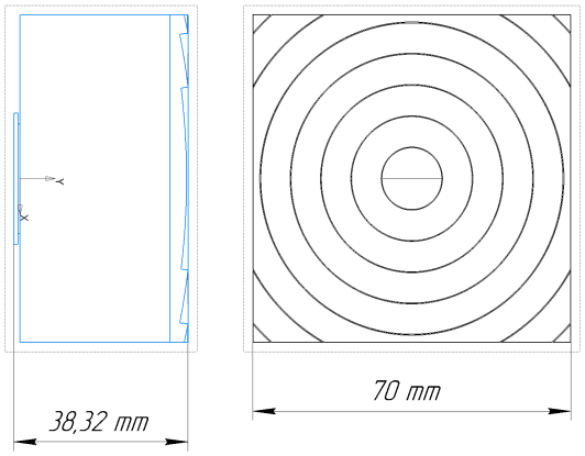 Engineering drawing of the assembled grow light optic showing 38.32 mm total height in side view and 70 by 70 mm square footprint in top view with Fresnel zone pattern