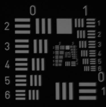 USAF 1951 test target captured through the VIS-NIR lens under 880 nm NIR illumination without refocus at 250 mm working distance, center field position