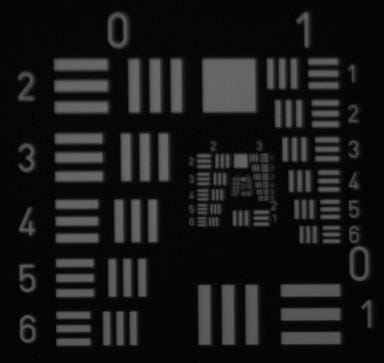 USAF 1951 test target captured through the VIS-NIR lens under 880 nm NIR illumination without refocus at 250 mm working distance, corner field position