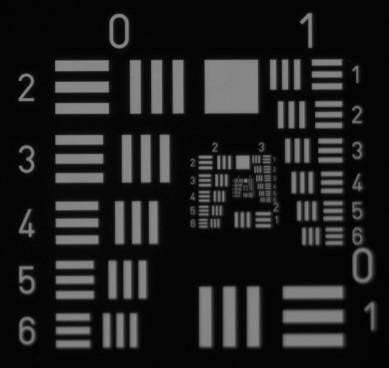 USAF 1951 test target captured through the VIS-NIR lens under visible illumination at 250 mm working distance, center field position, resolving Group 1 Element 1