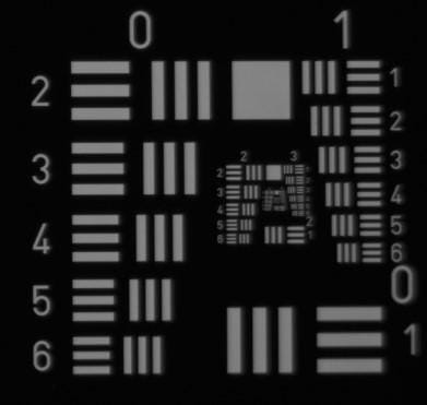 USAF 1951 test target captured through the VIS-NIR lens under visible illumination at 250 mm working distance, corner field position, resolving Group 1 Element 1