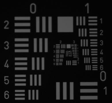 USAF 1951 test target captured through the VIS-NIR lens under visible illumination at 250 mm working distance, side field position, resolving Group 1 Element 1
