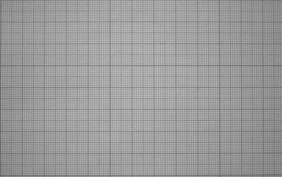 Grid-of-lines test image captured through the custom VIS-NIR lens at 400 mm working distance showing 130 by 80 mm field of view with negligible visible distortion