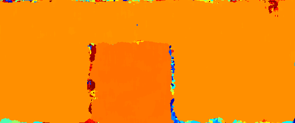 Disparity map of a box at 1500 mm using standard single-window SAD correlation showing noisy edges and depth artifacts at object boundaries