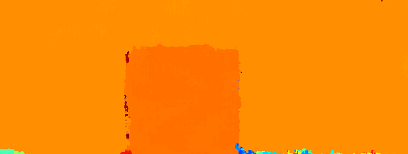 Disparity map of a box at 1500 mm using 5-window adaptive SAD algorithm showing sharper edges and reduced boundary noise compared to single-window