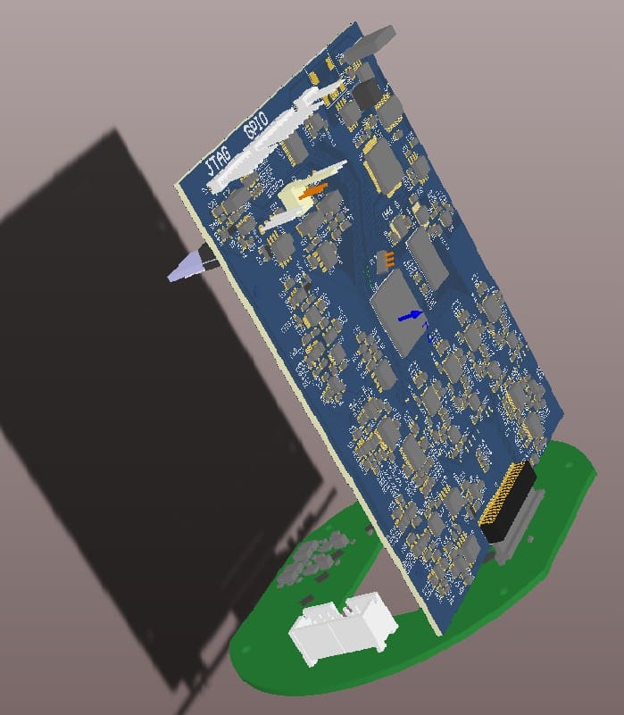3D rendered view of custom NIR spectrometer control PCB with Altera Cyclone III FPGA, FTDI USB FIFO, ADC ICs, and power management in compact mixed-signal board