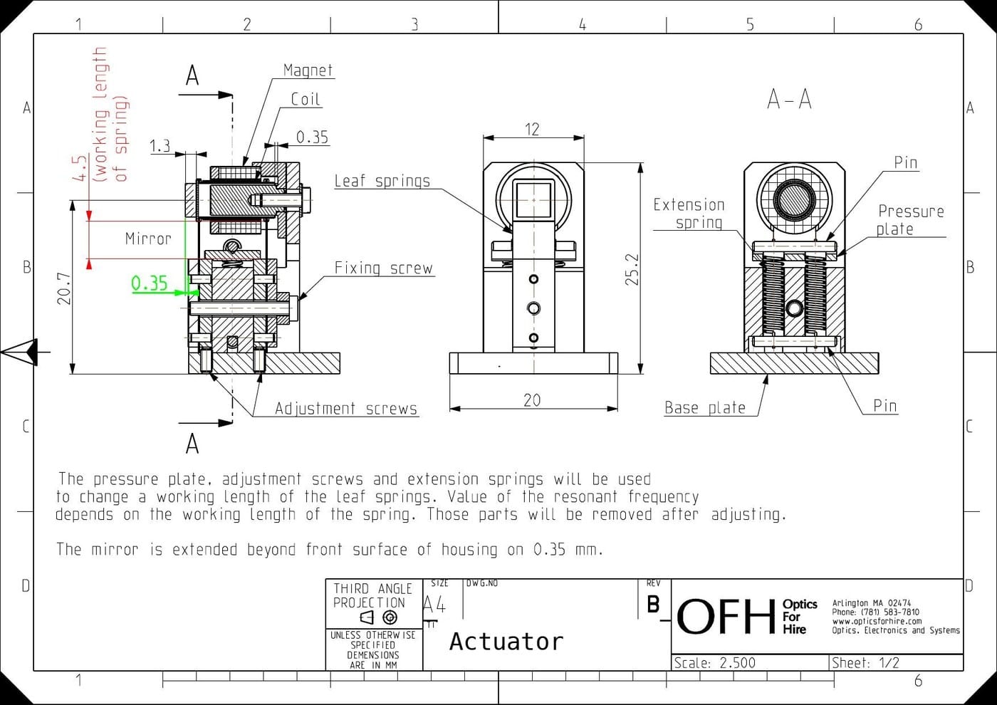 Cross-section engineering drawing of the production resonant actuator with leaf springs, pressure plate and adjustment screws