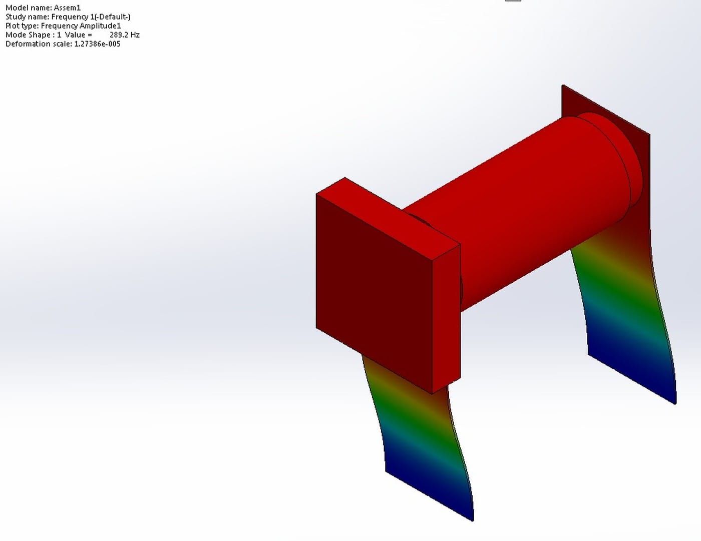 Finite-element modal analysis of the leaf-spring suspension, Mode 1 piston motion at 289.2 Hz