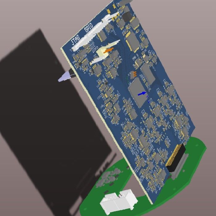 3D rendered view of custom NIR spectrometer control PCB with Altera Cyclone III FPGA, FTDI USB FIFO, ADC ICs, and power management in compact mixed-signal board